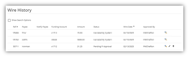 wire transfer enhancement history view
